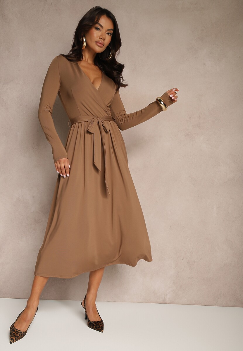 Brązowa Taliowana Sukienka z Paskiem z Domieszką Wiskozy Hrestalia