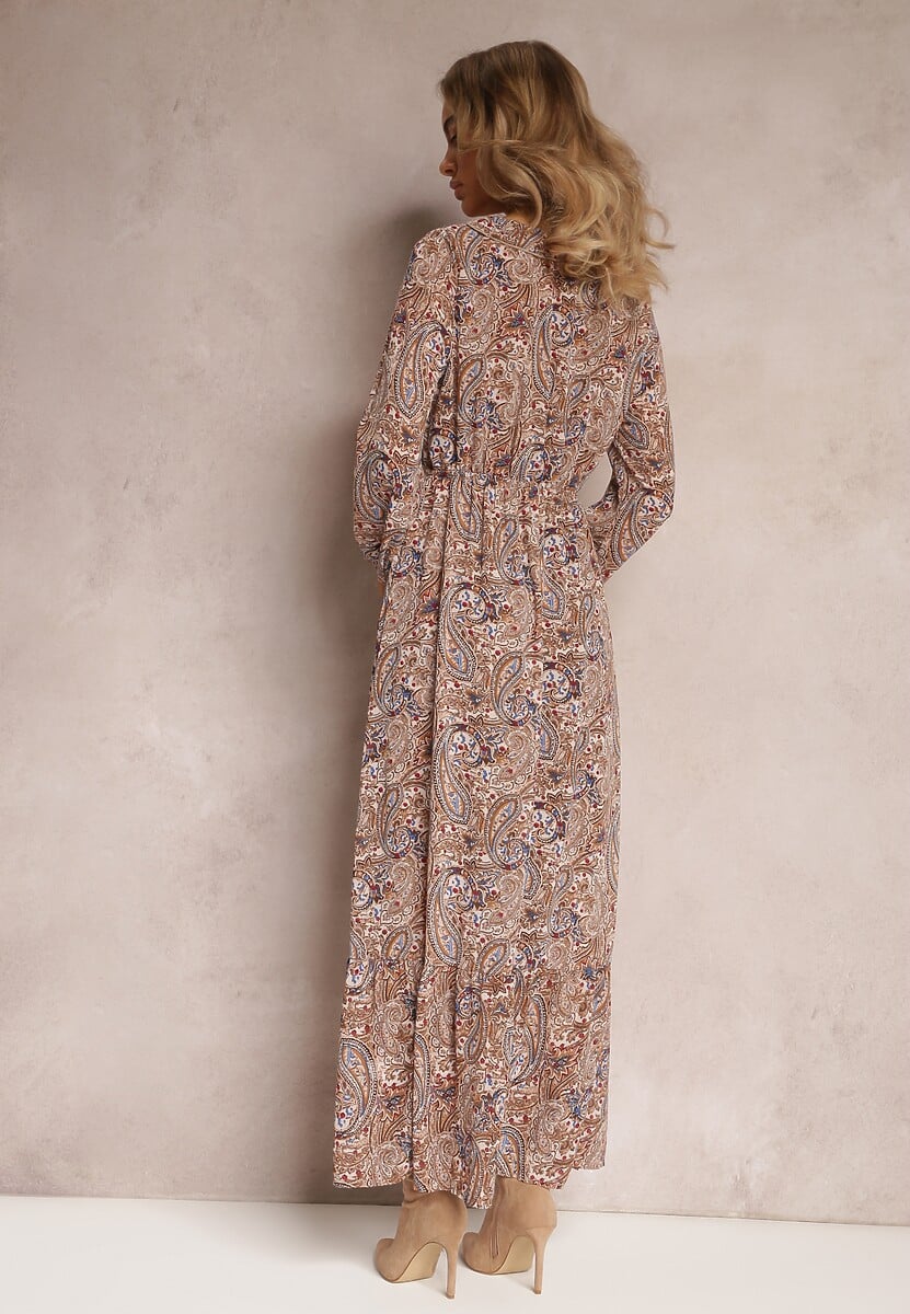 Brązowo-Beżowa Sukienka z Falbanką przy Dekolcie w Ornamentalny Wzór Mana