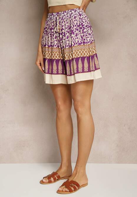 Fioletowe Szorty z Bawełny High Waist Ozdobione Kwiatami Kolirea