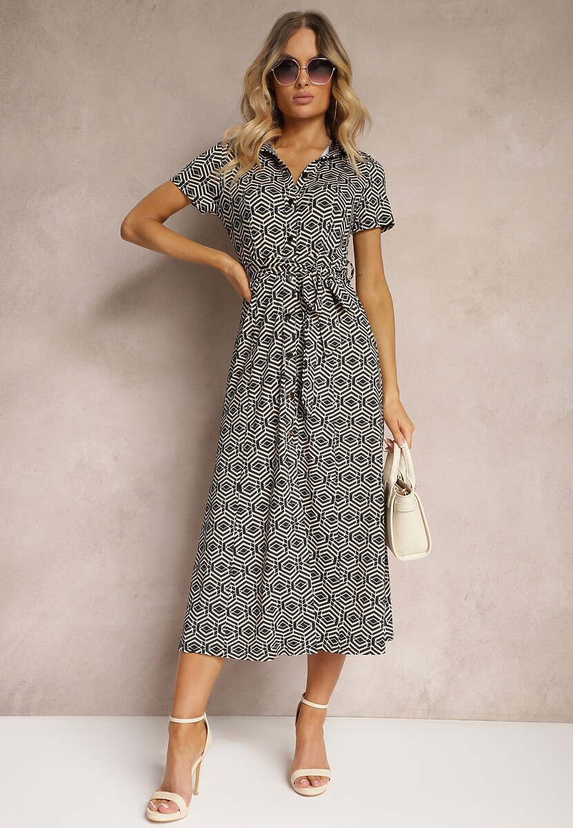 Czarna Koszulowa Sukienka w Geometryczny Wzór Zapinana na Guziki Xarrah