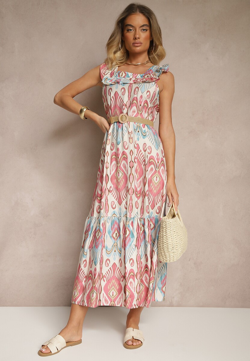 Różowa Sukienka Rozkloszowana Wiskozowa Wiązana na Plecach we Wzór Boho Turieza