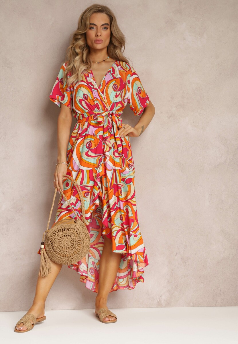 Pomarańczowa Wzorzysta Sukienka Midi z Gumką w Talii z Wiskozy Angelett