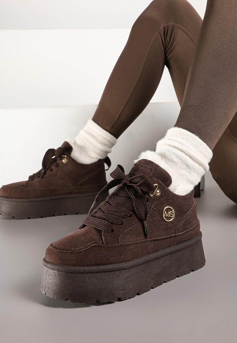 Brązowe Sneakersy z Ekozamszu na Grubej Podeszwie Wyściełane Futerkiem Senavel
