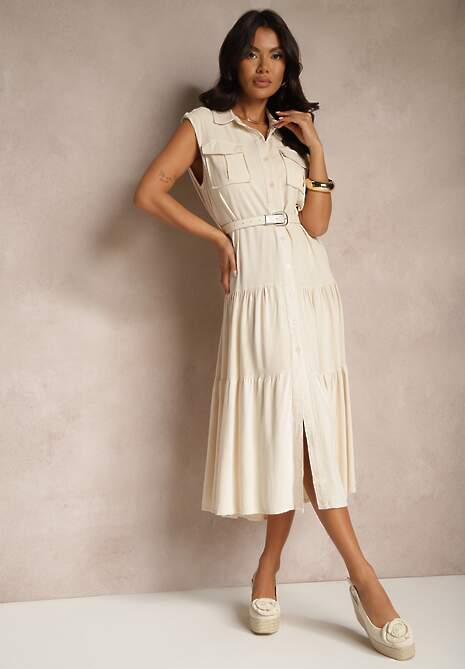 Beżowa Wiskozowa Sukienka Koszulowa z Bawełną i Paskiem Artebia