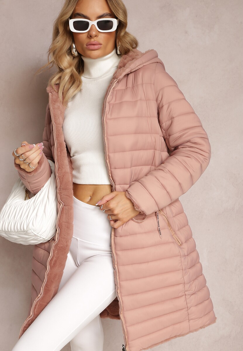 Różowa Dwustronna Kurtka z Pikowaniem i Futerkiem Annane