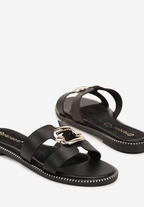 Czarne Klapki ze Skórzaną Wkładką Zdobione Metaliczną Aplikacją Griasa