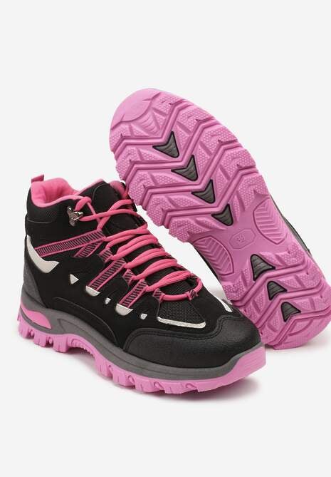 Czarno-Fuksjowe Buty Trekkingowe Traperki Vices ze Sznurowaną Cholewką Afellie