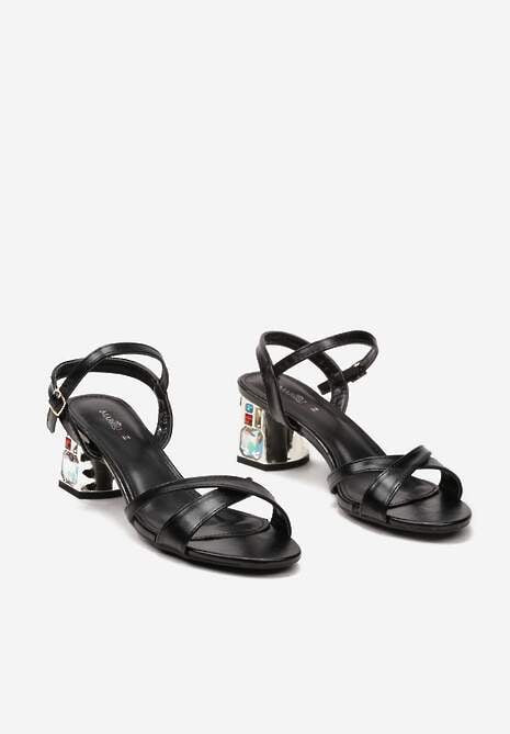 Czarne Sandały na Niskim Słupku z Metalicznym Obcasem Wykończonym Cyrkoniami Nicotia