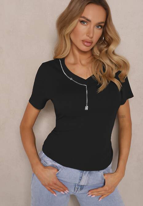 Czarny T-shirt z Bawełny z Łańcuszkiem i Marszczeniem Olisinia