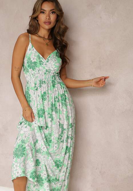 Zielona Sukienka na Cienkich Ramiączkach z Bawełny w Kwiatowy Print Agemia