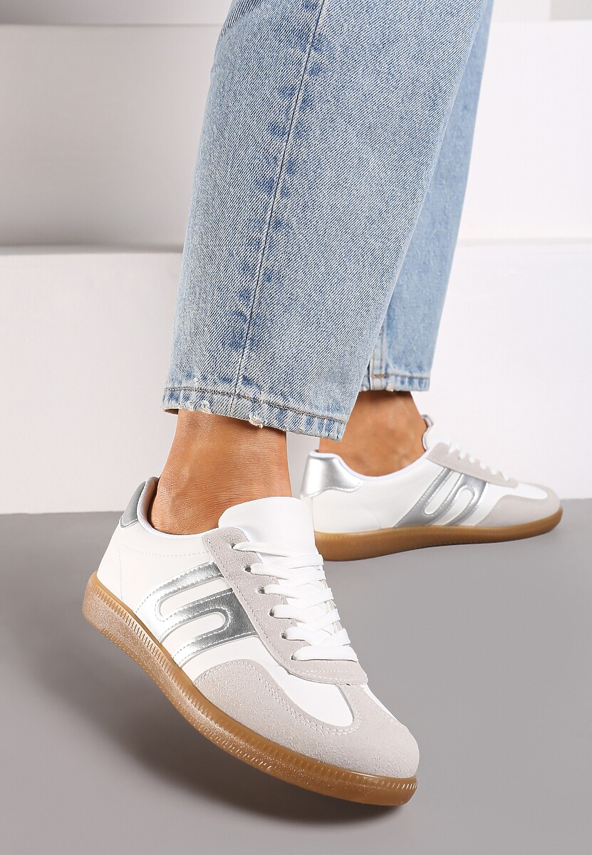 Biało-Srebrne Sneakersy w Stylu Tenisówek na Kauczukowej Podeszwie Movinia
