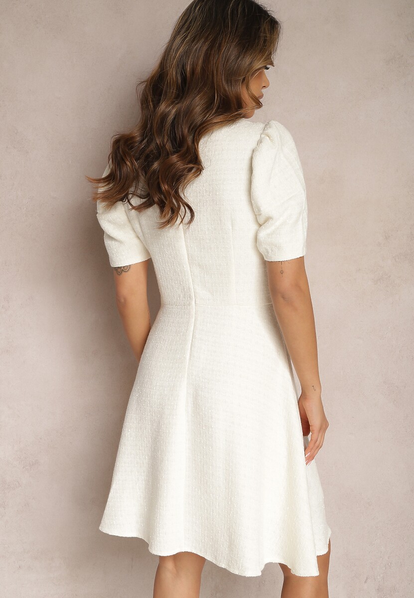 Biała Rozkloszowana Sukienka Mini z Lekko Bufiastymi Rękawkami Merridia