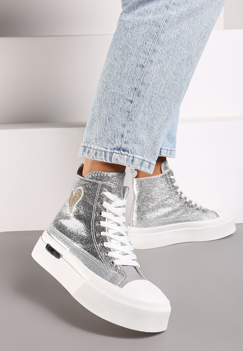 Srebrne Brokatowe Trampki na Platformie z Cholewką za Kostkę Nevirosa