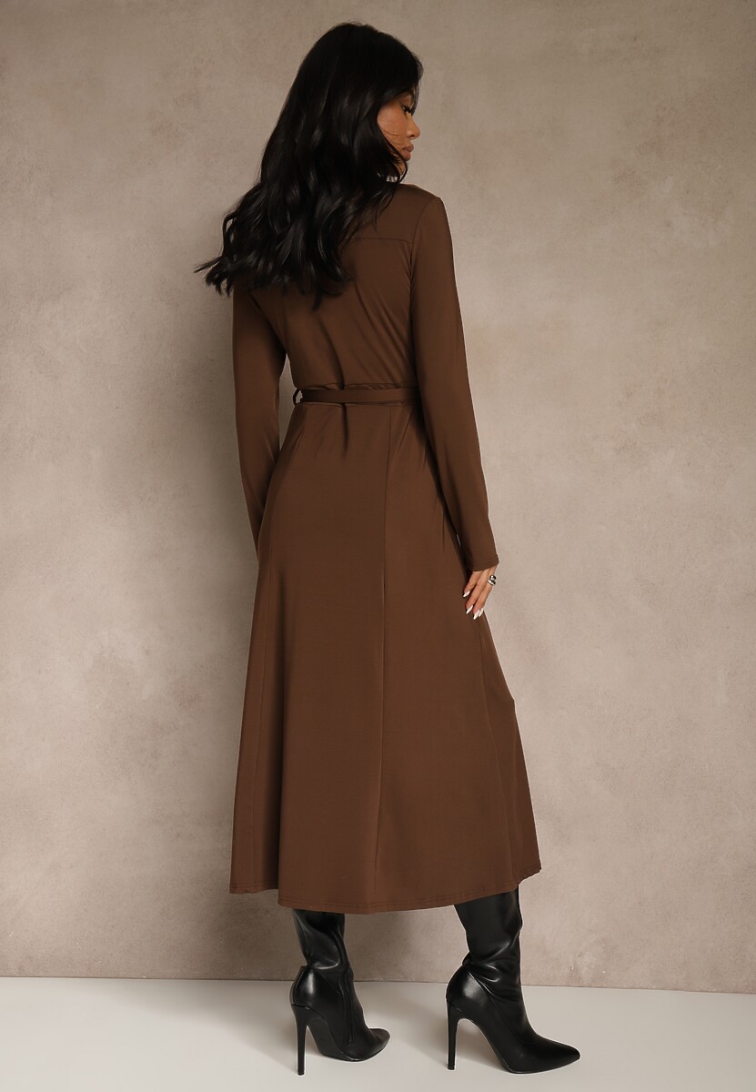 Brązowa Długa Sukienka Koszulowa z Wiązaniem w Talii Levae