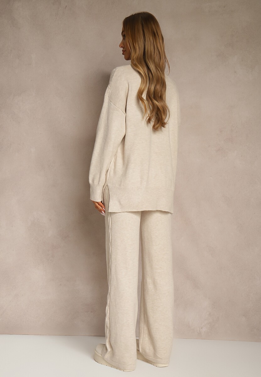 Jasnobeżowy Dzianinowy Komplet z Wełną w Warkoczowy Splot Spodnie i Sweter Reinette