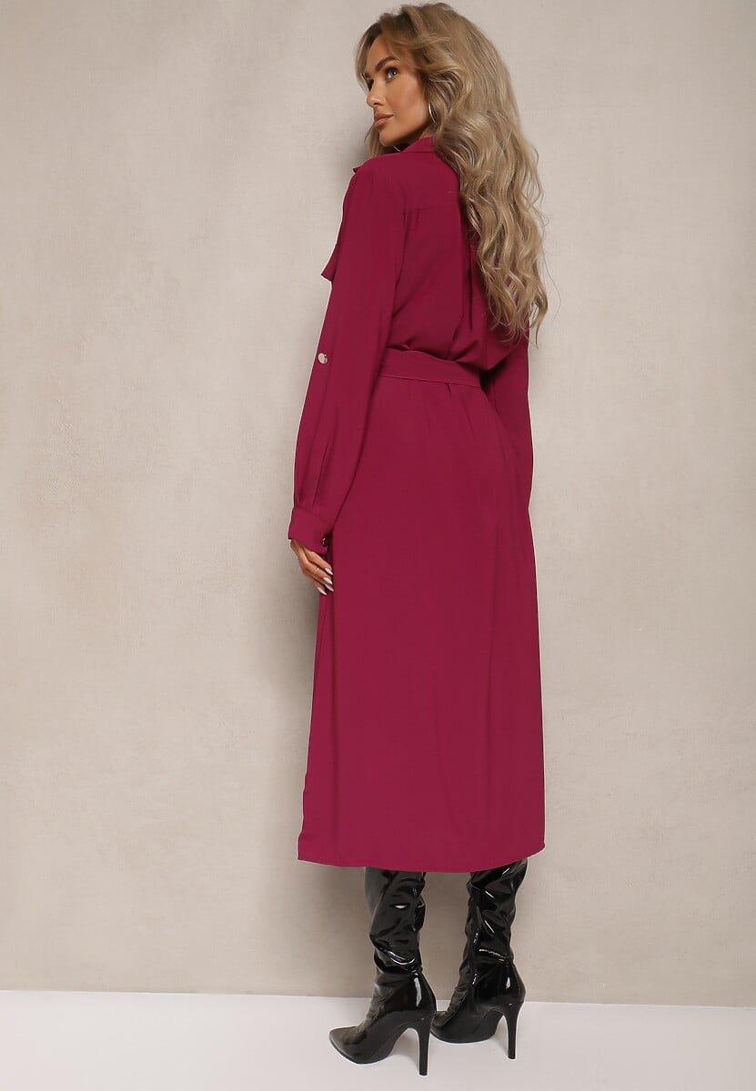 Bordowa Rozkloszowana Sukienka o Koszulowym Kroju z Guzikami Wiązana w Talii Kortiana