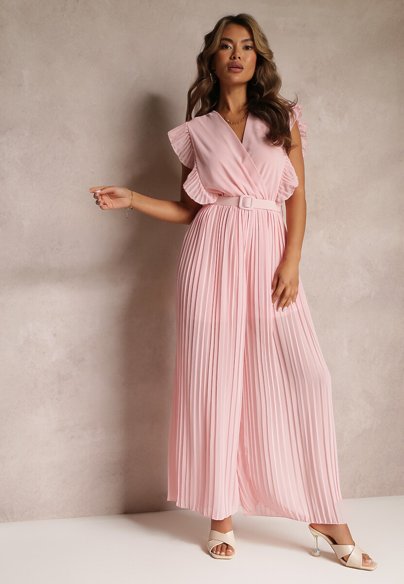 Beżowy Plisowany Kombinezon z Falbankami i Szerokimi Nogawkami Jarina