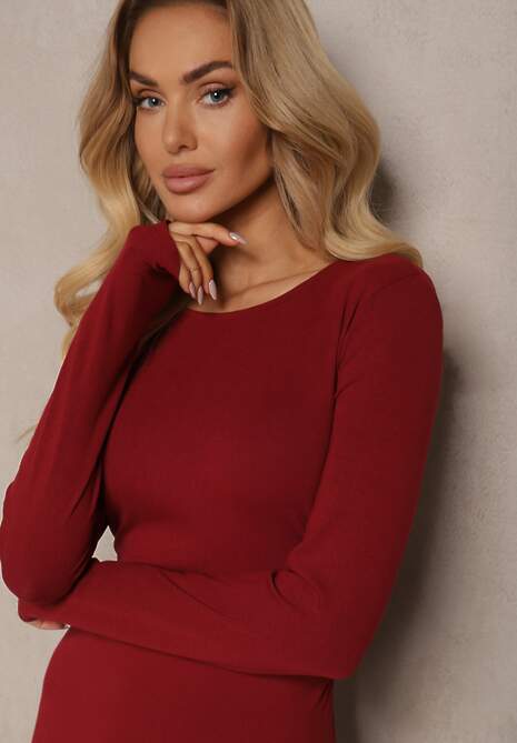 Bordowa Sukienka z Wiskozą o Dopasowanym Kroju na Guziki Linnevia