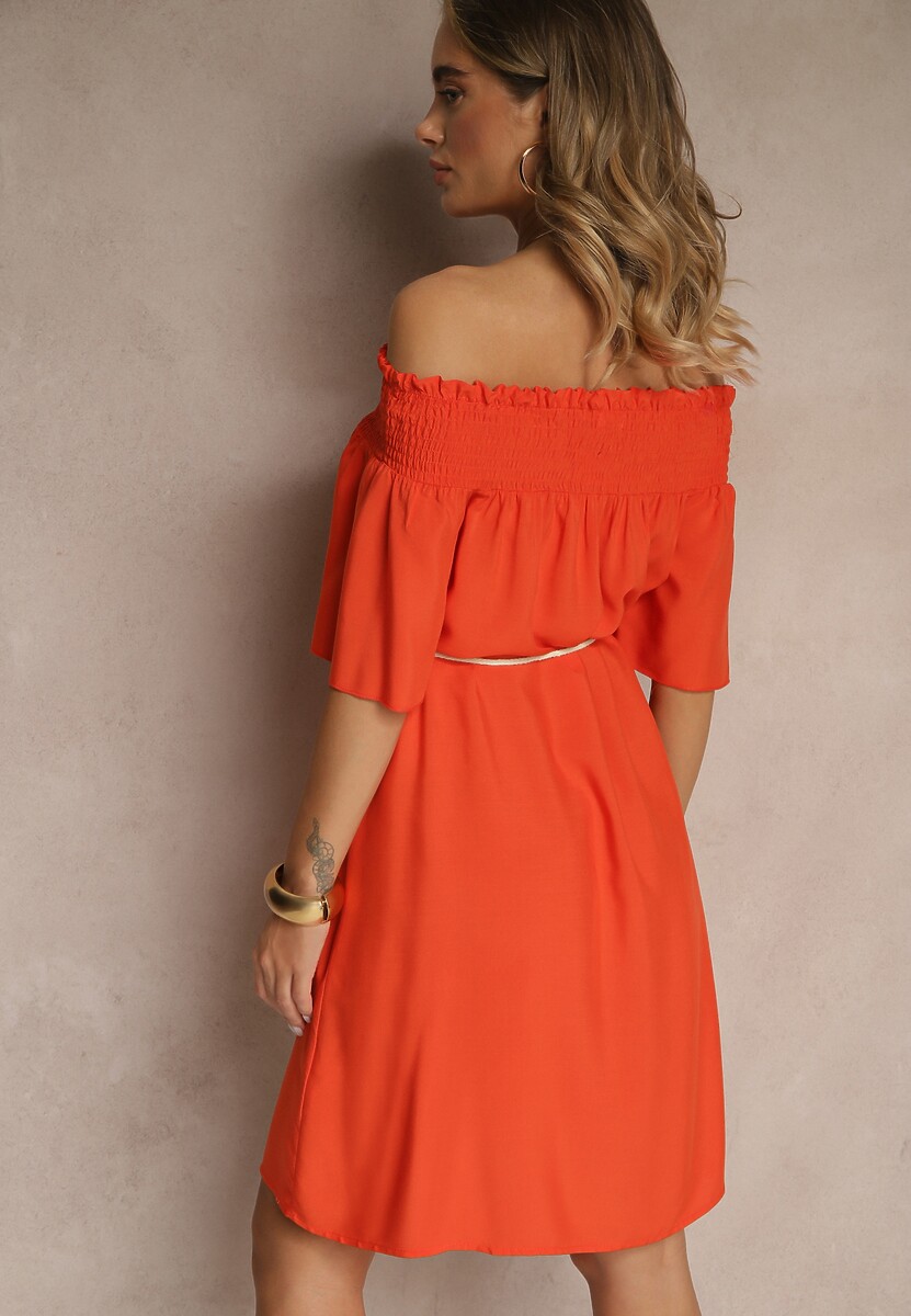 Pomarańczowa Sukienka Hiszpanka z Bawełną i Wiskozą Ozdobiona Sznurkiem Lilarelle