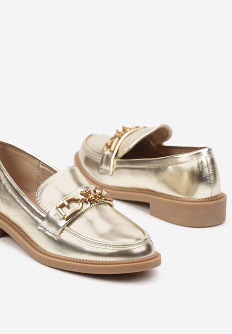 Złote Mokasyny na Płaskiej Podeszwie z Klamrą na Przodzie Evialla