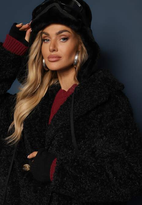 Czarna Dwurzędowa Kurtka Futerkowy Płaszcz z Dodatkowymi Rękawiczkami Hetirra