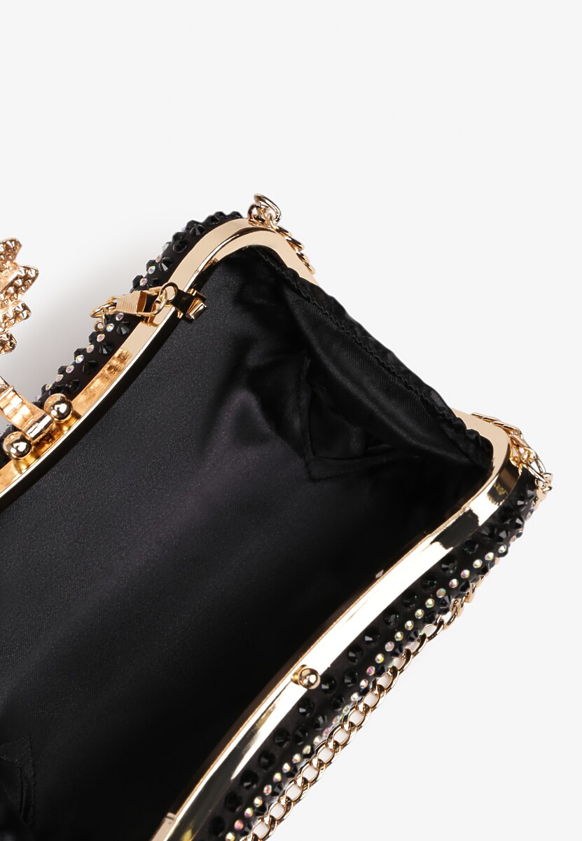 Czarna Torebka Kopertówka z Łańcuszkiem Zdobiona Cyrkoniami i Kwiatową Aplikacją Fessaluna