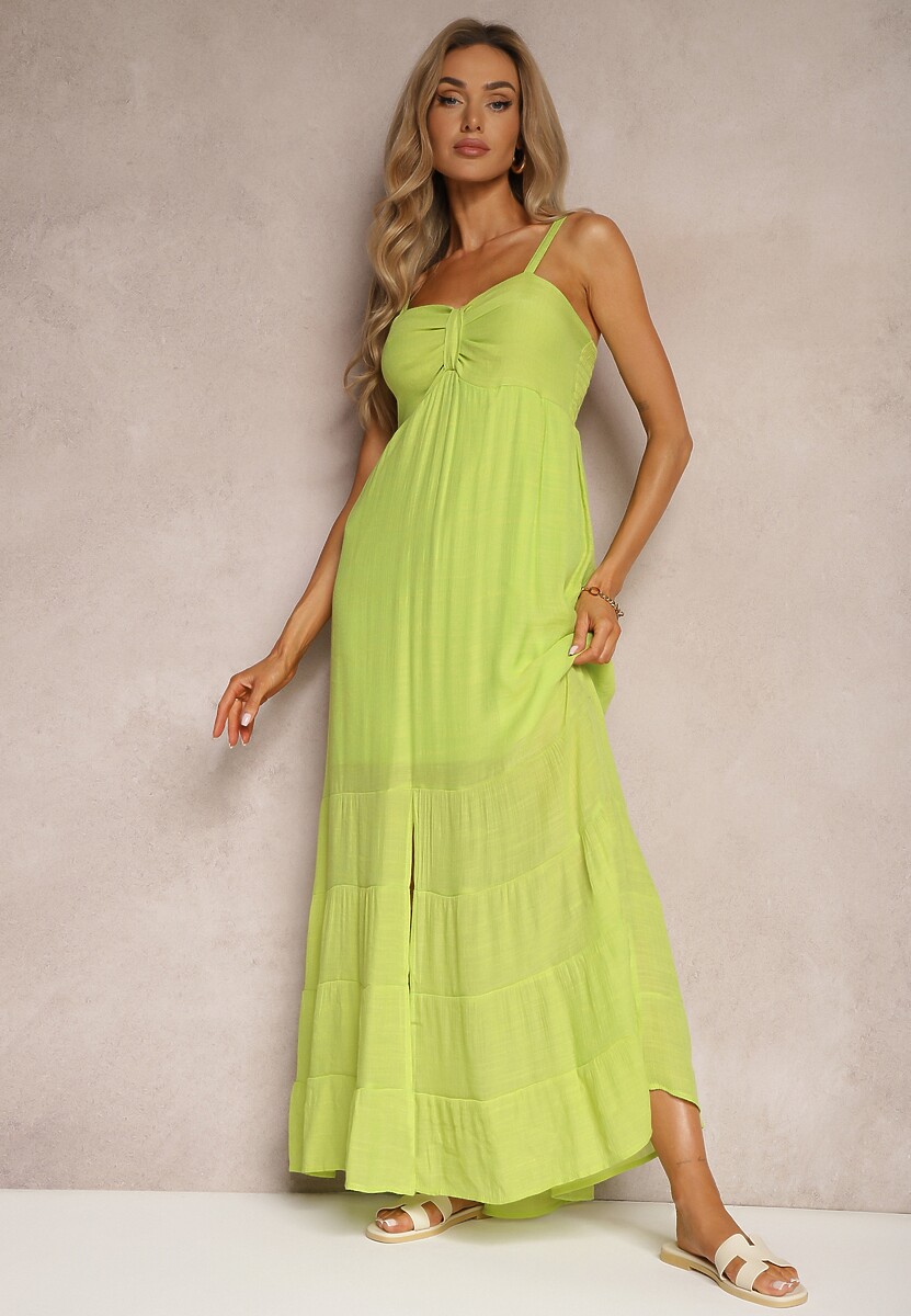 Miętowa Sukienka z Dodatkiem Bawełny na Ramiączkach z Regulacją oraz Gumką z Tyłu Tinanoras