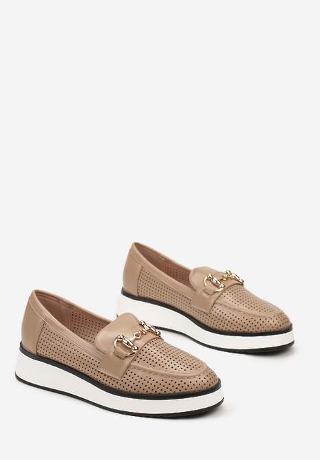 Ciemnobeżowe Ażurowe Mokasyny z Ekoskóry na Grubej Podeszwie z Metaliczną Klamrą Valesin