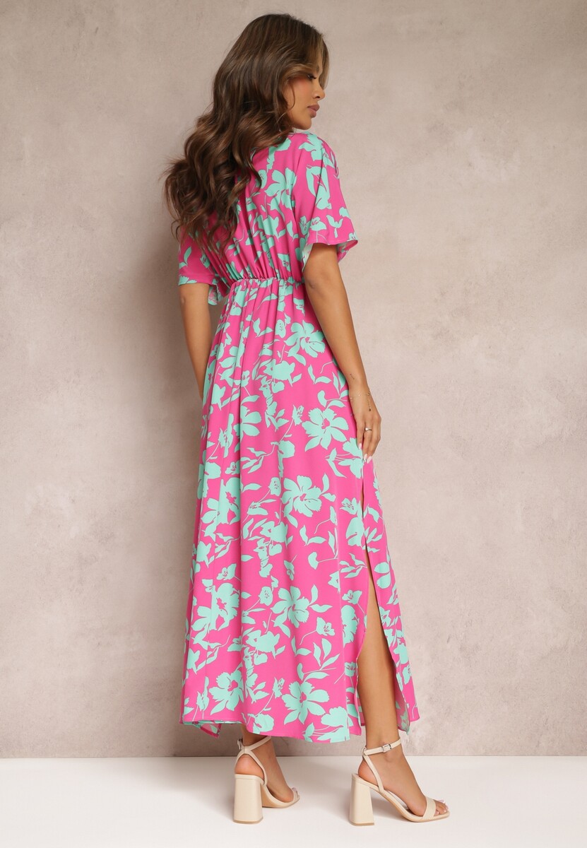 Różowo-Zielona Rozkloszowana Sukienka Maxi Nietoperz w Kwiaty Roseeve