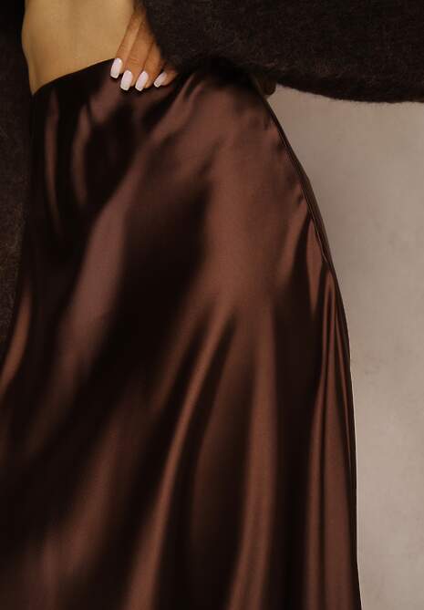 Brązowa Satynowa Midi Spódnica Rozkloszowana z Gumką w Pasie i Suwakiem Leose