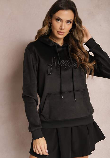 Czarna Welurowa Bluza z Haftowanym Napisem Hastte