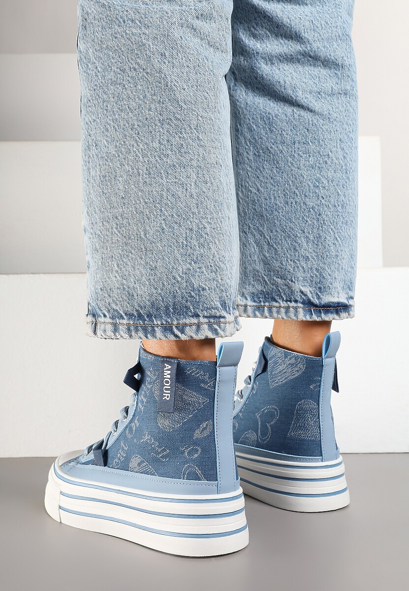 Niebieskie Trampki Jeansowe z Serduszkami na Platformie Benirea