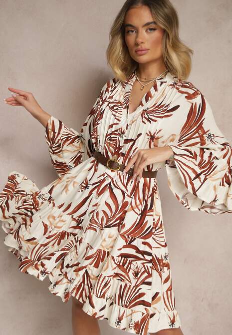 Brązowa Rozkloszowana Sukienka z Wiskozy z Falbanami z Motywem Roślinnym Ridivaria