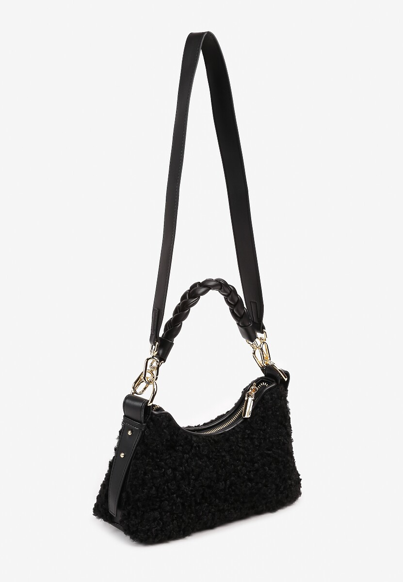 Czarna Torebka na Ramię z Futerkiem Dodatkowym Paskiem i Breloczkiem Nevanira