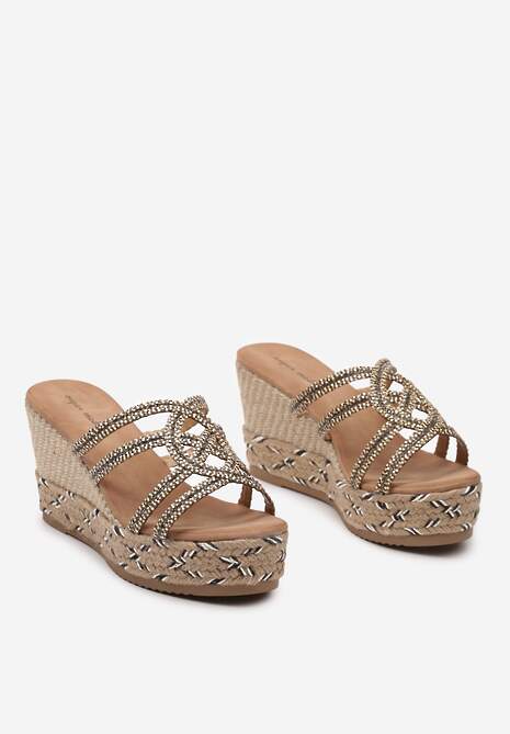 Brązowe Klapki na Plecionym Koturnie z Juty i Cyrkoniami na Paskach Rosca