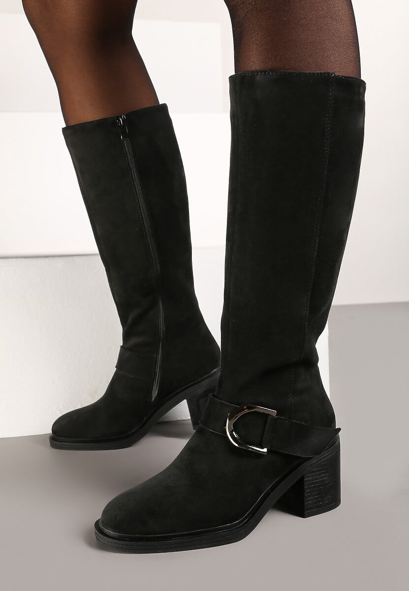 Czarne Kozaki Vices na Słupku z Ozdobną Klamrą i Ociepleniem Moriti