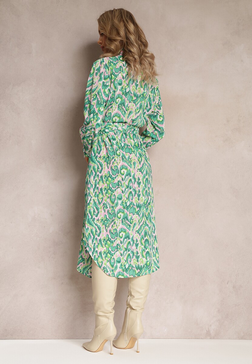 Zielona Wzorzysta Sukienka z Kołnierzykiem i Dodatkowym Paskiem Verenice