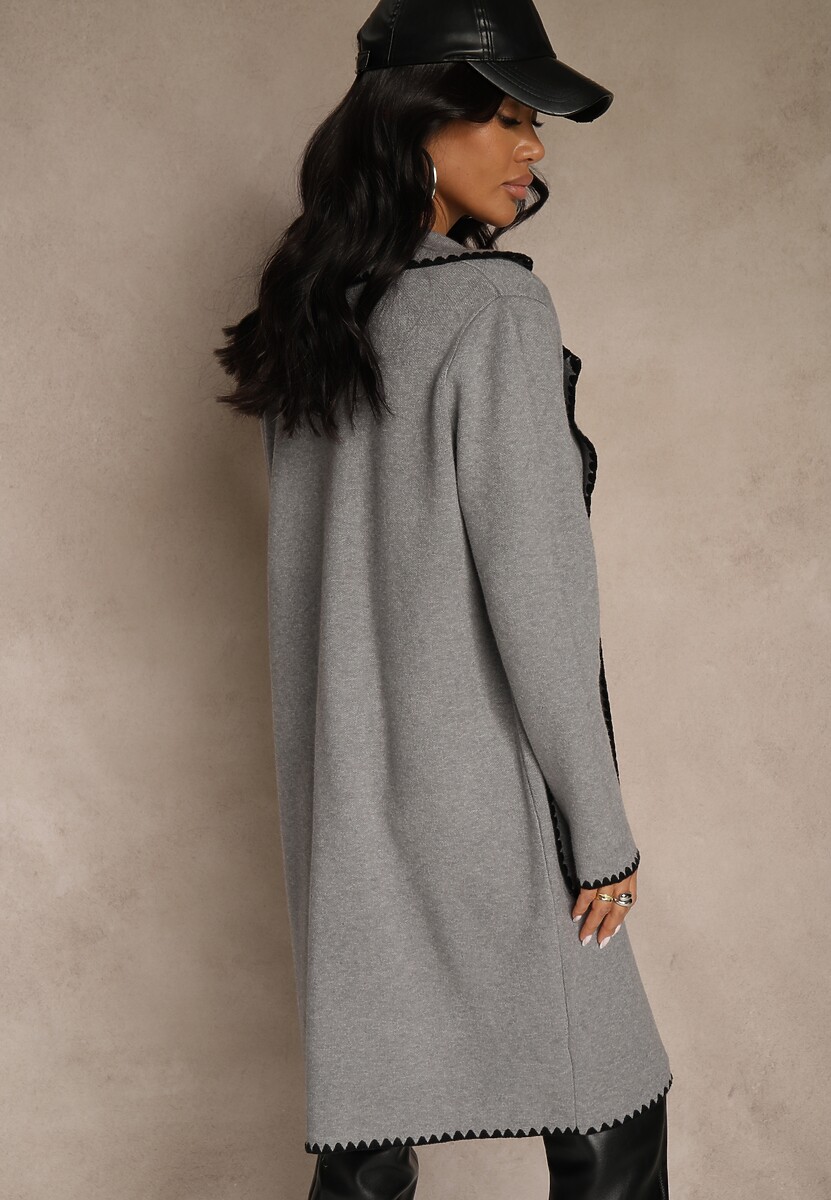 Szary Kardigan z Haftowaną Lamówką Tuscele