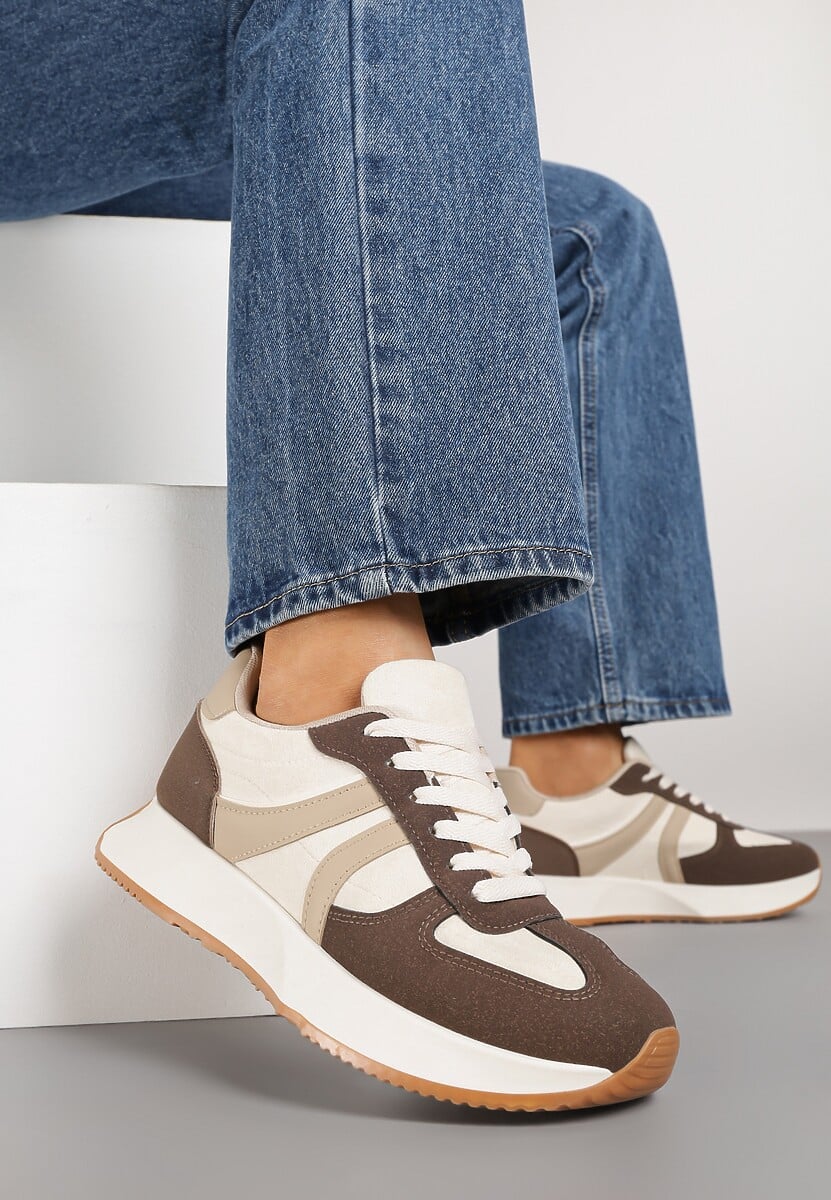 Brązowe Sneakersy z Geometrycznym Wzorem Velwettia