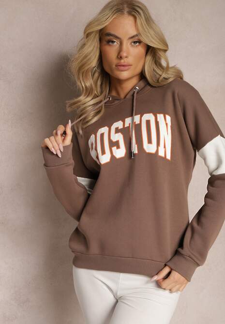 Brązowa Bawełniana Bluza z Kapturem w Amerykańskim Stylu z Napisem i Polarem Iocaste