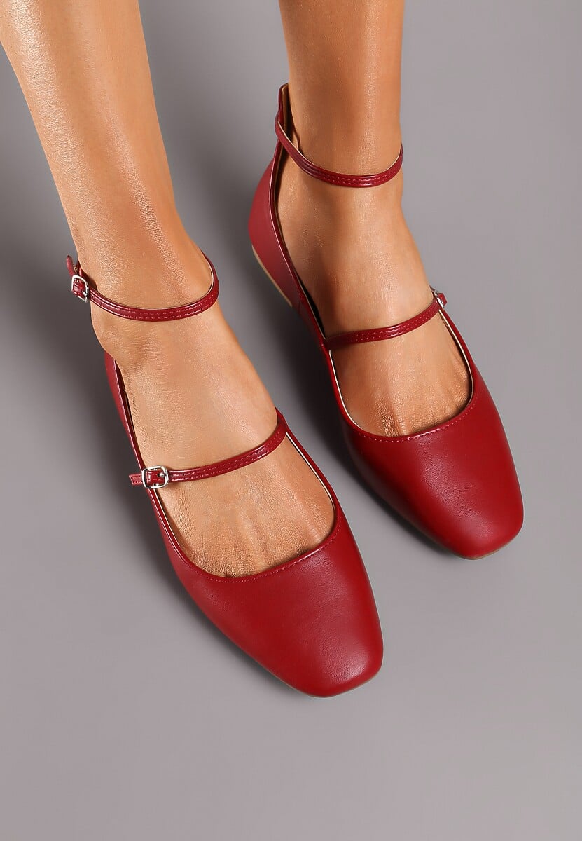 Bordowo-Czerwone Balerinki z Imitacji Skóry na Płaskiej Podeszwie z Dwiema Sprzączkami Rosalalia