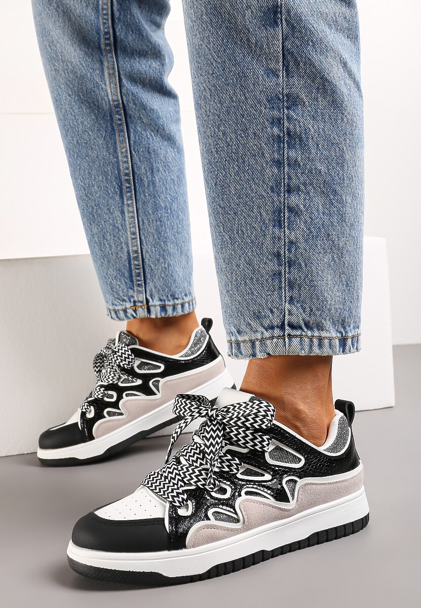 Czarne Sneakersy z Metalicznym Błyskiem i Podwójnym Sznurowaniem Piniara