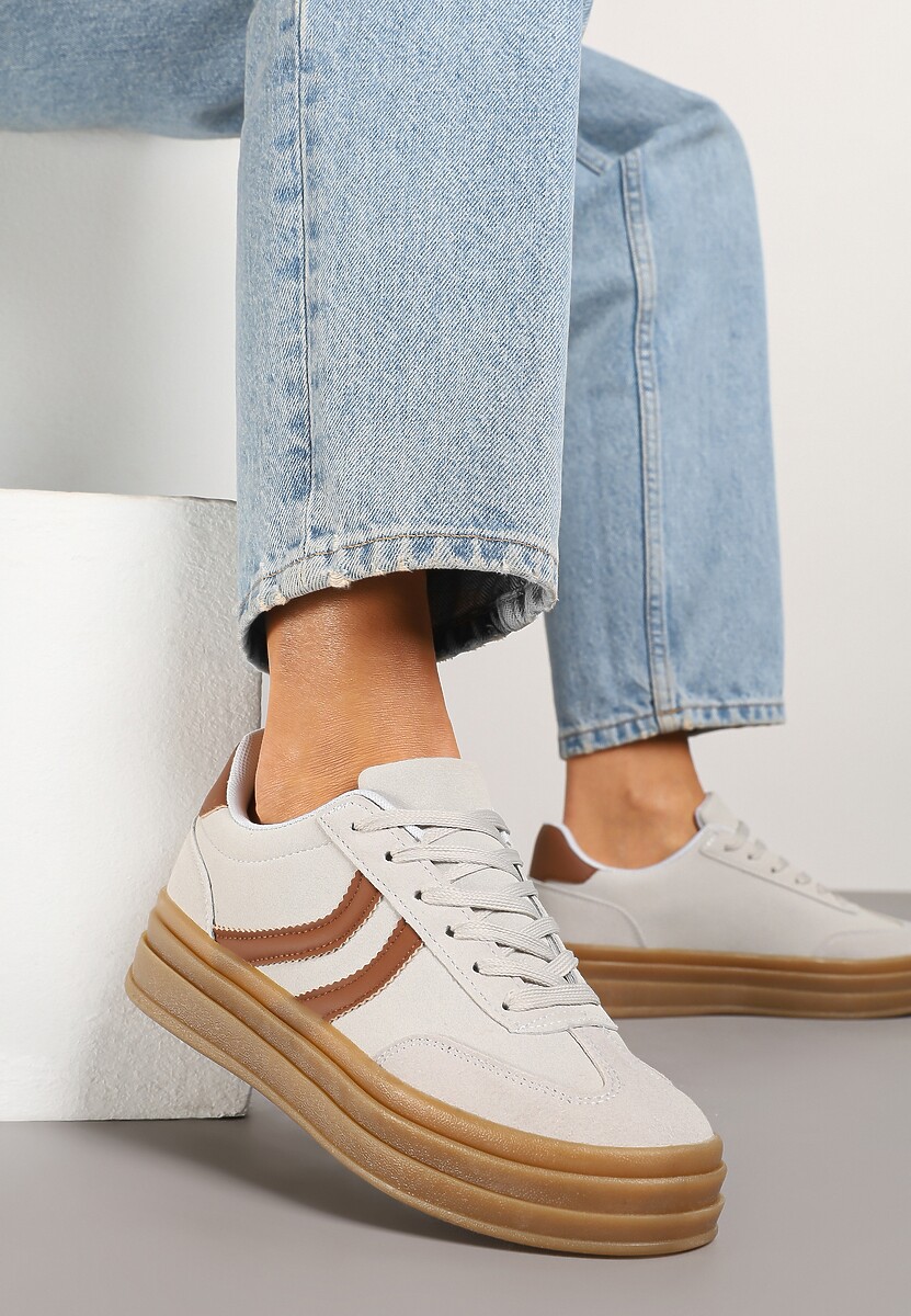 Szare Sneakersy Typu Kultowe Tenisówki na Grubej Podeszwie z Tłoczeniem Lisanitea