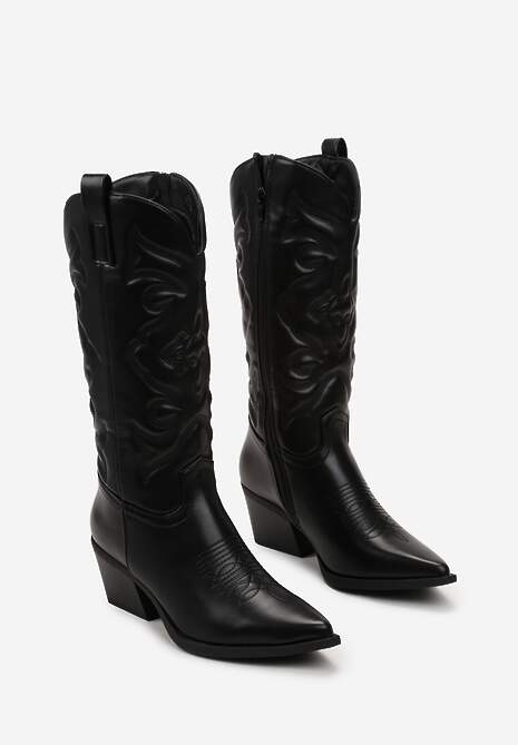 Czarne Kozaki Kowbojki na Stożku z Przeszyciami Ganavou