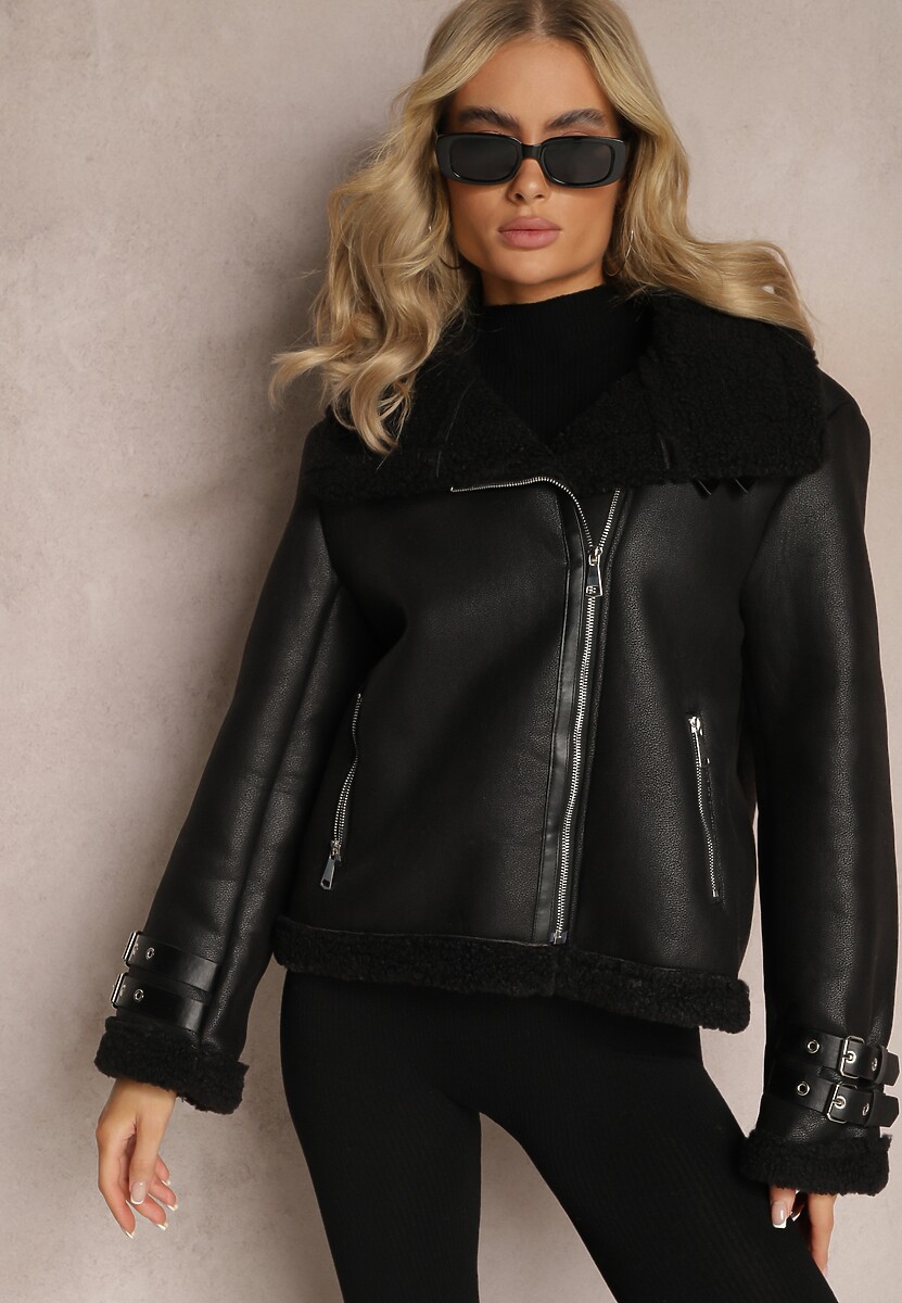Czarna Kurtka Biker z Futerkiem Asymetrycznym Suwakiem i Paseczkami Sanet