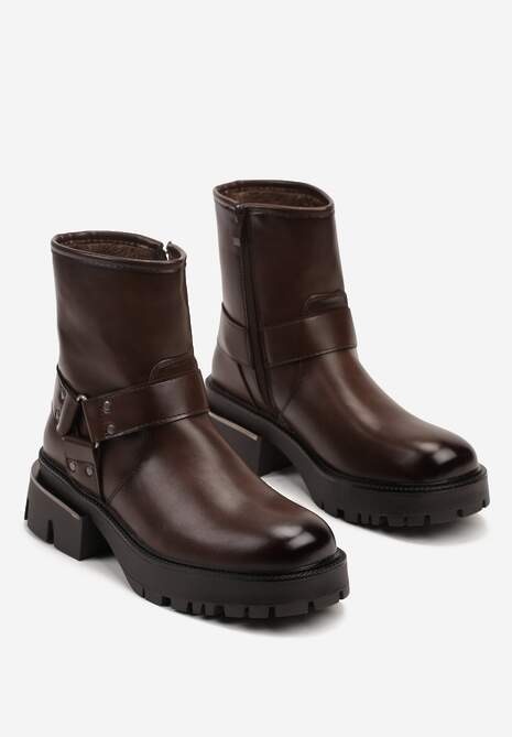 Brązowe Botki na Platformie w Stylu Bikerów Ozdobione Tłoczeniem i Klamrą Tineira