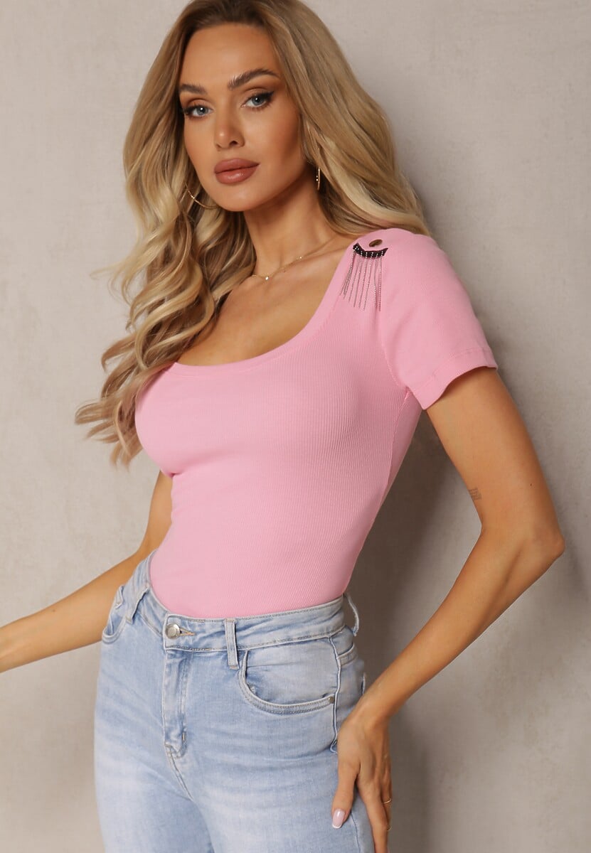 Różowa Prążkowana Bluzka z Bawełny z Krótkim Rękawem i Metalicznymi Frędzlami Nadirra