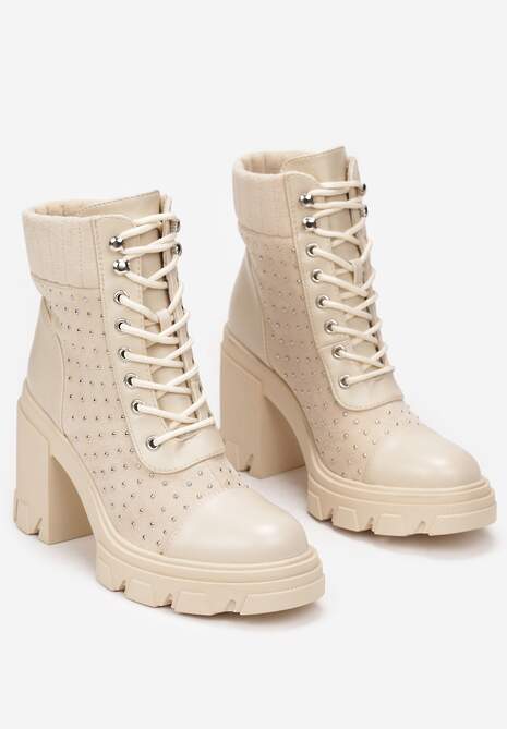 Beżowe Botki Sznurowane na Słupku Hiesore