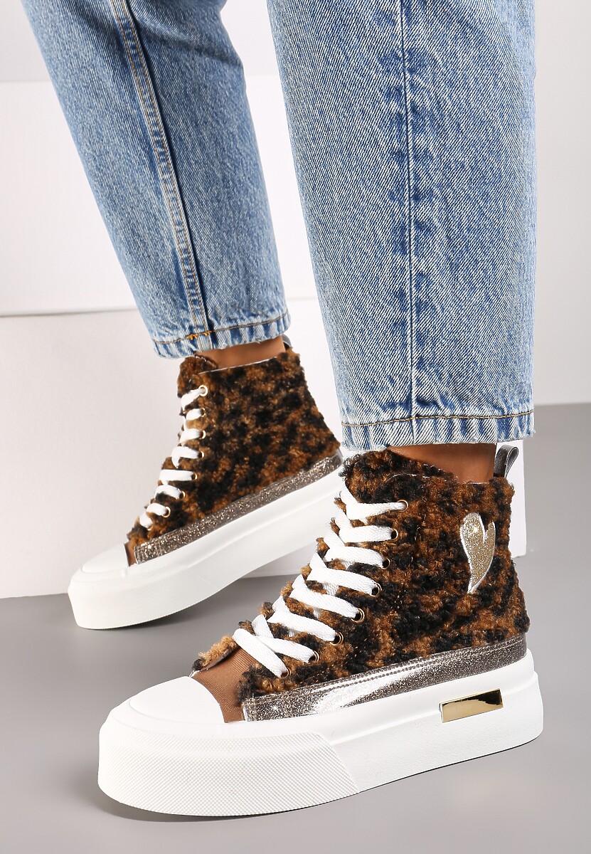 Złote Brokatowe Trampki na Platformie z Cholewką za Kostkę Nevirosa