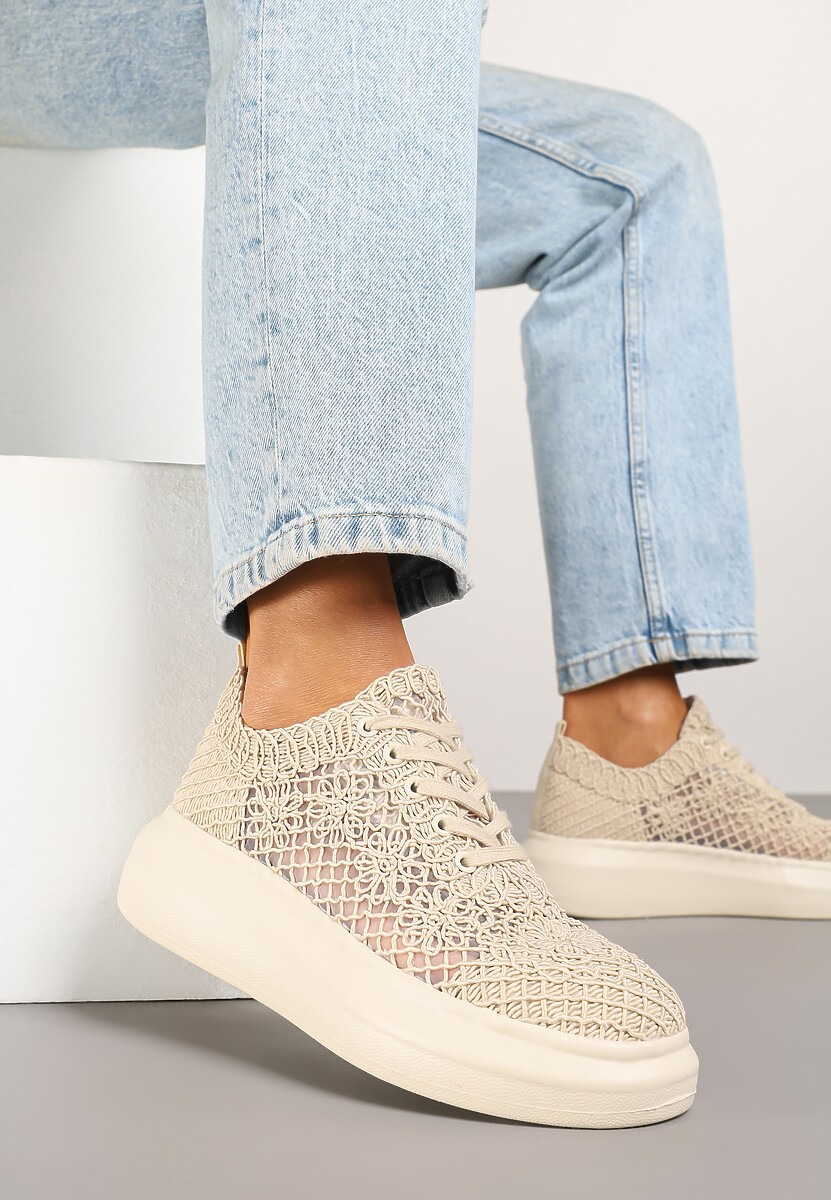 Beżowe Sneakersy Typu Tenisówki z Ażurową Cholewką i Skórzaną Wkładką Sonelis
